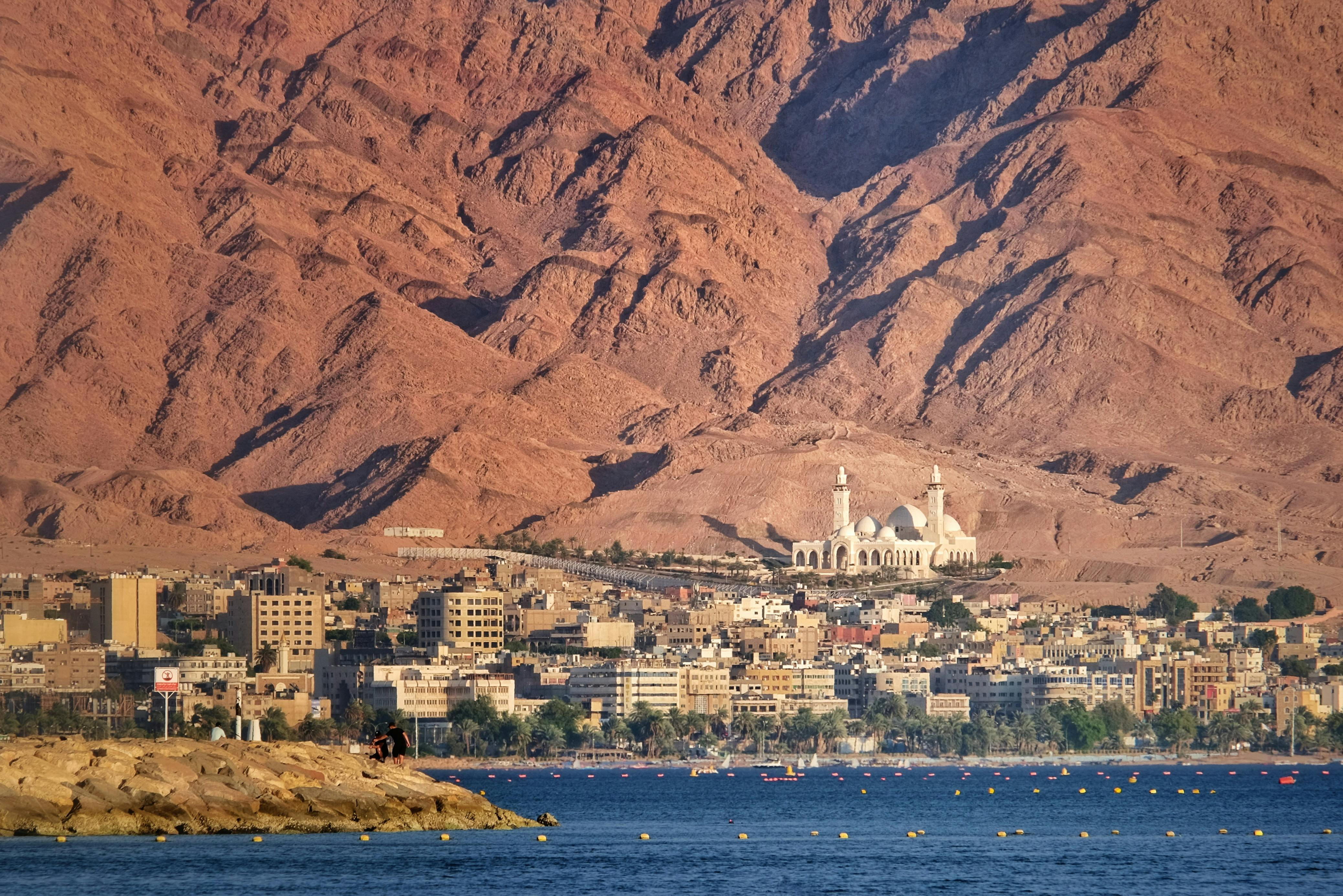 Agaba coastline, wide view of agaba city, a mosque and the sea