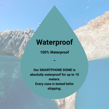 DOMEMARE® Smartphone Dome Infografik zur Wasserdichtigkeit: 100% wasserdichtes Unterwassergehäuse bis 10 Meter Tiefe nach IPX8-Standard, geprüft vor dem Versand.