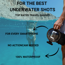 DOMEMARE Smartphone Dome Infografik: Bestes Tauch-Gadget für universelle Handy-Unterwasseraufnahmen, Actioncam-Alternative, 100% wasserdicht, Split-Shot.