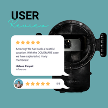 DOMEMARE Smartphone Dome Infografik mit 5-Sterne-Kundenbewertungen und Review von Influencerin Helene Paquet über das Unterwassergehäuse
